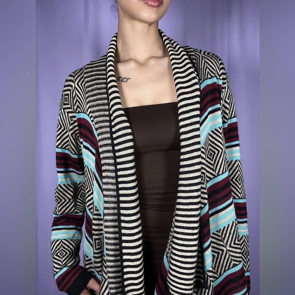 Say What Multicolored Drape Front Cardigan Sweater Womens Size L Geometric Aztec
